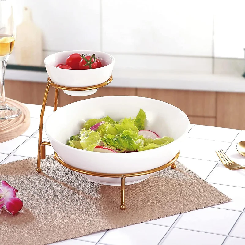 Shallow Shallow Chip and Dip Serving Set – 2 Tier Chip & Dip Bowls with Stand | White & Gold Elegant Snack Server | Stylish Tiered Serving Set for Chips, Nachos, Dips & Appetizers | Ideal for Parties, Home & Entertaining